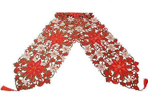 Simhomsen Embroidered Christmas Holiday Red Poinsettia Table Runner 13 × 90 Inch - Image 3