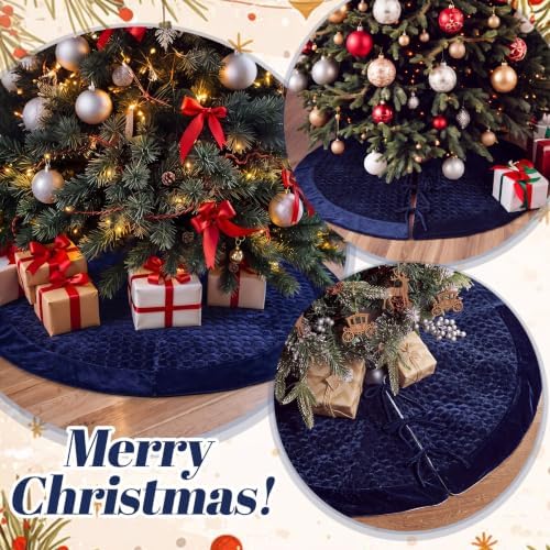 Arrowbash 48 Inch Velvet Christmas Tree Skirt Quilted Tree Skirt, Navy Blue - Image 6