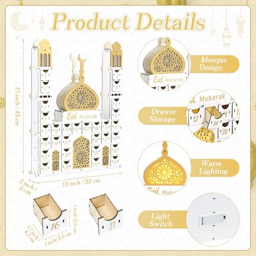 Ramadan Advent Calendar with 30 Drawers Lighted Wooden Eid Mubarak Mosque Countdown Calendar Fillable Large Ramadan Dates Gift Box for Islamic Muslim Home Table Decoration Family Party Supplies - Image 2