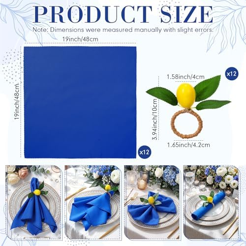 Preboun 24 Pcs Royal Blue Cloth Napkins with Lemon Napkin Rings - Image 2
