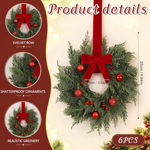 Thiccywoov 6 Pcs 10" Small Christmas Cabinet Wreaths with Velvet Bow - Image 3