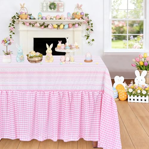 Easter Tablecloth Pink Rabbit Ruffle Table Cloth - 90 x 132 Inch Waterproof Tablecloths Rectangle Washable Polyester Bunny Flowers Table Cover for Birthday Wedding Dinner Picnic Party Decoration - Image 2