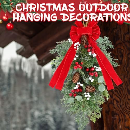 2 PCS 24" Artificial Christmas Teardrop Swag Pine Needles Teardrop Door Swag Christmas Norfolk Teardrop Wreath with Pinecone Berry for Front Door Xmas Mantle Wall Fireplace Indoor Outdoor Home Decor - Image 7