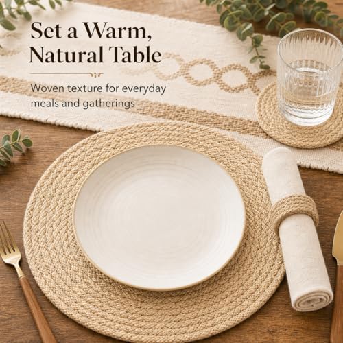 Handmade Rustic Farmhouse Boho Placemats Set, Natural Water Hyacinth Cotton Jute Woven Table Mats with Coasters & Napkin Rings for Kitchen Dining Party (4, Handmade Placemats Set of 4) - Image 3