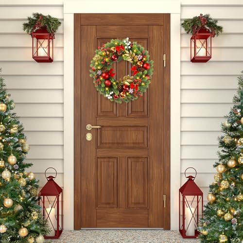 Sggvecsy 17 Inch Artificial Christmas Wreath for Front Door with 20 LED Lights Pine Needles Christmas Balls Red White Berries Pine Cones Bows Decoration for Winter Outdoor Wall Home Holiday Xmas Decor - Image 4
