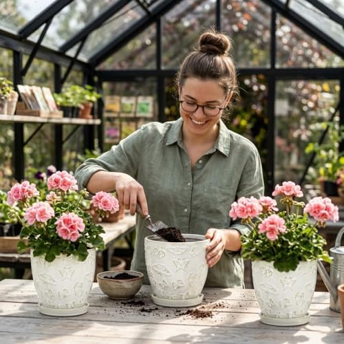 Hollyone 6 Inch White Ceramic Planter Flower Plant Pot with Drainage Hole and Saucer for Plants Embossed Indoor Outdoor Garden Embossed Ceramic Glazed Round Pot for Succulent Orchid Butterfly Pattern - Image 4