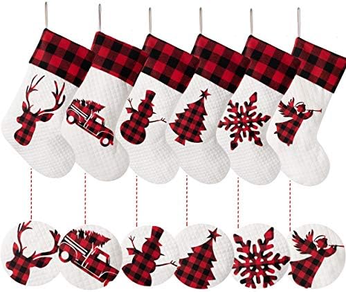 LUBOT Set of 6 Christmas Stocking(20inch) Silhouette Buffalo Red Plaid/Rustic/Farmhouse/Country Cotton Fireplace Hanging Xmas Stockings Decorations for Family Holiday Season Decor - Image 5