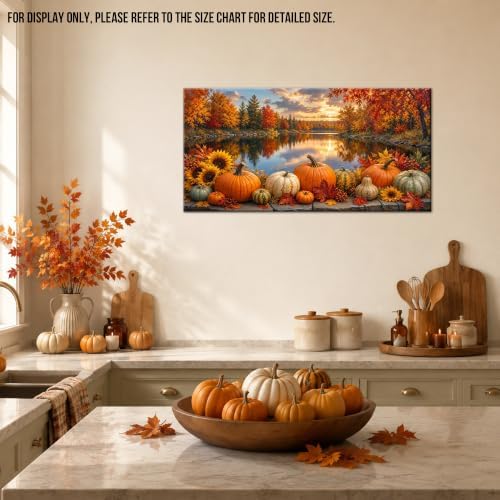 WAXWHELK Fall Canvas Wall Art Pumpkin Autumn Lake Landscape Painting Pictures, Rustic Farmhouse Thanksgiving Artwork for Bedroom Living Room Home Decor, (24"x47") - Image 3