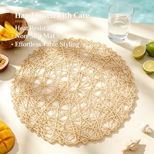 IcosaMro Round Woven Placemats Set of 12 for Dining Table, 15 Inches Paper Boho Decorative Circle Place Mats for Wedding Christmas Thanksgiving Day Holiday Dinner (Beige) - Image 3