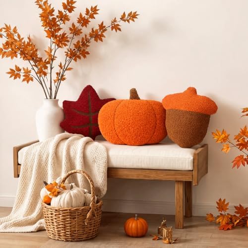 Amyhill 3 Pcs Fall Throw Pillows Maple Leaf Pumpkin Acorn Plush Stuffed 12" - Image 5