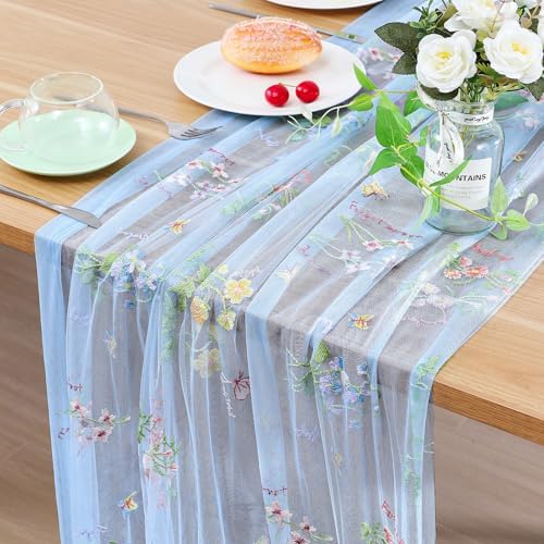 BINBE 12pcs Blue Florals Table Runner Embroidery Gauze 10FT Daisy Seasonal Tulle Birthday Wedding Holiday Kitchen Dining Table Decor for Home Party by BINBE