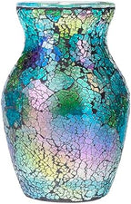 8" Iridescent Crackle Glass Vase, Handmade Deep Teal Green & Violet Mosaic Flower Vase, Dynamic Light-Reactive Art Centerpiece for Home Decor by ZHIPINHUI