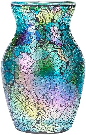 8" Iridescent Crackle Glass Vase, Handmade Deep Teal Green & Violet Mosaic Flower Vase, Dynamic Light-Reactive Art Centerpiece for Home Decor by ZHIPINHUI