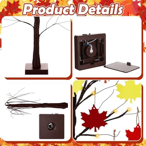 Briwooody 24'' Lighted Thanksgiving Gratitude Tree Kit, Brown Thanful Tree with 60 Leaves, Hemp Ropes & Pens, DIY Fall Decoration for Autumn Table Centerpiece Thanksgiving Gift (Battery Not Included) - Image 3