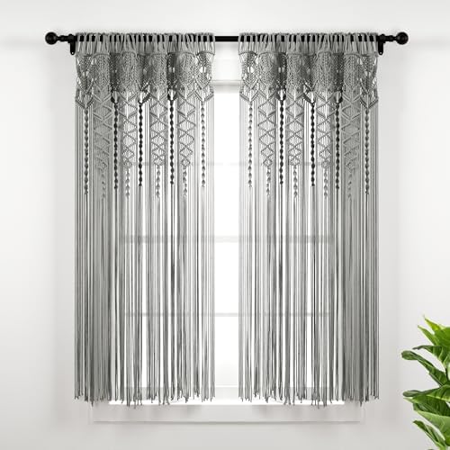 Lush Decor Boho Macrame Textured Cotton Window Curtain Panel Single 40" W x 63" L Gray - Macrame Curtains for Windows, Room Divider, Boho Wall Decor by LushDecor