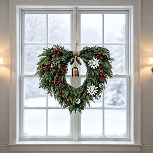 24 Inch Christmas Wreath for Front Door - Artificial Cedar Winter Wreath with Golden Bell, Pinecones & Red Berries, Farmhouse Holiday Wreath for Indoor Outdoor Christmas Decorations - Image 4