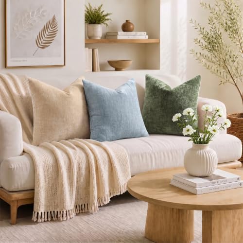 decorUhome Fall Chenille Slate Blue Throw Pillow Covers 22x22 Inch Set of 2, Decorative Soft Couch Pillow Covers Solid Dyed Accent Euro Sham Farmhouse Neutral Square Pillow Cases for Sofa - Image 3