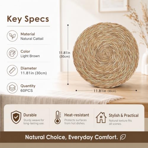 60Pcs Round Placemats Bulk Plate Chargers Set, 11.81in Woven Placemat Rustic Braided Straw Rattan Charger Natural Cattail Place Mat for Wedding Party Table Single Tableware Use (60pcs) - Image 6