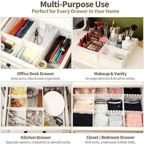 Drawer Divider Adjustable Diy Storage Organizer Separator for Tidying Clutter Cutlery Makeup Clothes of Dresses, Desk & Box in Kitchen Bathroom Bedroom Office (Cut at Will) (White 32PCS) - Image 4