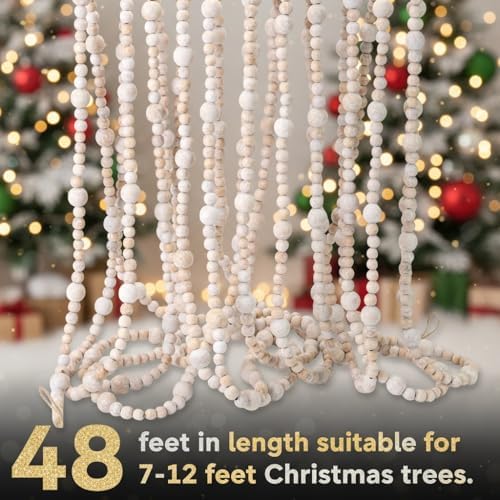 48Ft Christmas Wood Bead Garland Rustic Holiday Decor (Vintage Wood Beads) - Image 3