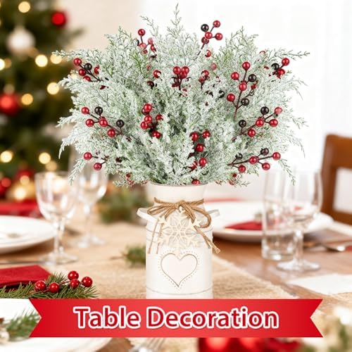 Christmas Table Decorations Set with 5 Pcs 20" Christmas Artificial Pine Branches with Red Berry Stems,White Iron Vase, LED String Lights, Snowflake Wood Chips and Hemp Rope for Xmas Winter DIY Decor - Image 6