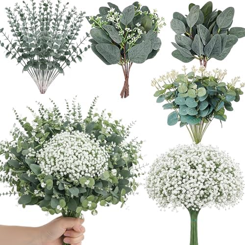 Mixed Eucalyptus Leaves Stems Bulk Artificial Silver Dollar Leaves Picks Dried Eucalyptus Bundle Faux Spray for Wedding Vase Bouquet Decor (120, Green/White) by WONICE