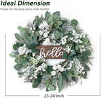 Winter Wreaths Front Door, Soomeir 24 Inch Winter Door Wreath with Snow Leaves, Pines Needles and Hello Wooden Sign for Home Window Mantle Indoor Outdoor Decor - Image 3