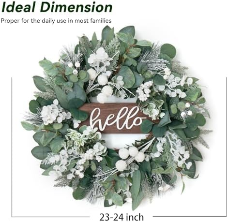 Winter Wreaths Front Door, Soomeir 24 Inch Winter Door Wreath with Snow Leaves, Pines Needles and Hello Wooden Sign for Home Window Mantle Indoor Outdoor Decor - Image 3