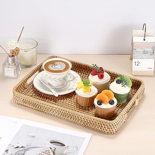 Hipiwe Large Woven Rattan Serving Tray Wicker Basket Organizer, 13.4"x9.5" - Image 3