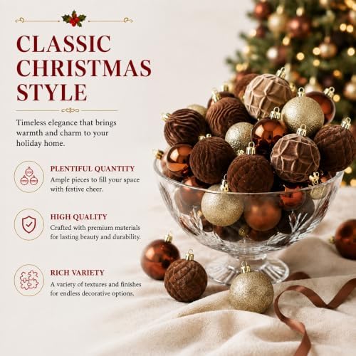 Hollowfly Brown 56 Pcs Velvet Christmas Balls Ornaments Set - Image 4