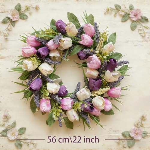 Spring/Summer Wreaths for Front Door,Purple Tulip Wreath for Decoration, 22 Inch Door Wreaths Indoor Outdoor for Party Holiday Farmhouse Wedding Home Wall Window Decor - Image 3