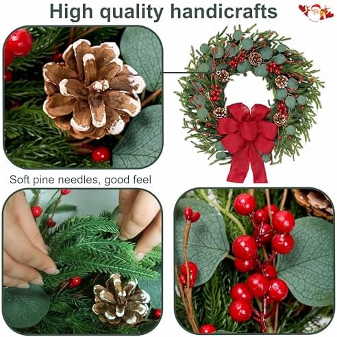 zjlmit Artificial Christmas Wreath 24Inch Christmas Wreaths for Front Door Norfolk Pine Wreath with Eucalyptus Leaves Red Berries Pine Cones Red Bow for Wall Indoor Outdoor Winter Xmas Decoration - Image 5