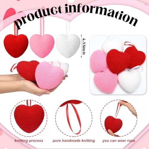 Suncalla 6 Pcs Large 4.33 Inch Valentine's Day Heart Ornaments Hanging Knitted Crochet Heart Ornament Red Pink White Valentine's Day Hanging Decorations for Wedding Anniversary Party Decor DIY Crafts - Image 3