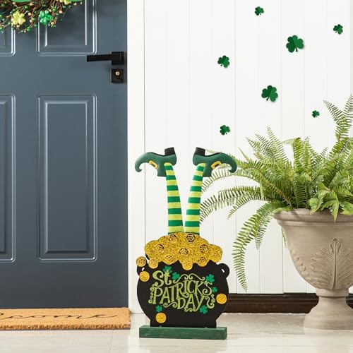 glitzhome St. Patrick's Porch Sign Leprechaun Pot of Gold Porch Decor,Farmhouse Rustic 24"H Wooden Porch Board Welcome Sign for Front Door Porch Deck Patio or Wall Indoor Outdoor and Yard Decor - Image 2