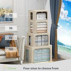 CYhom Clothes Storage Bins Box - Linen Fabric Foldable Stackable Container Organizer Set with Clear Window & Carry Handles & Metal Frame - 2Pack Large Capacity for Bedding, Blankets, Books - Image 3