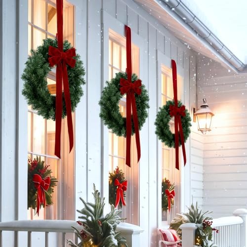 Roowest 6 Pack 12'' Christmas Window Wreaths Decorations & Red Velvet Bow - Image 3