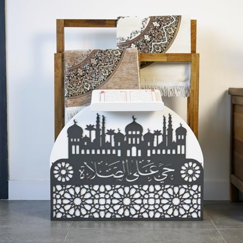 Elegant Wooden Quran Stand & Prayer Mat Holder – Islamic Home Décor, Prayer Rug Organizer, Ramadan & Eid Gift, Decorative Wooden Islamic Accessories, Quran Display Holder for Mosque Home White-Silver - Image 4