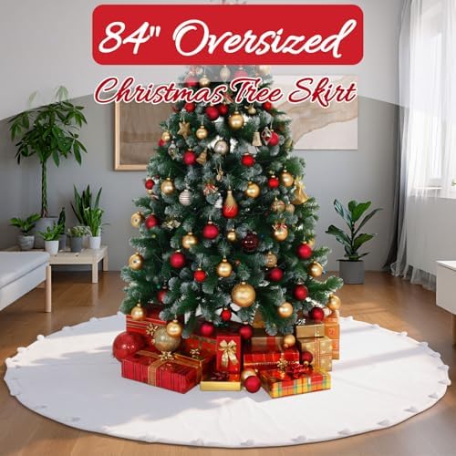 Libima Large White Faux Fur Christmas Tree Skirt with Pom Poms,84 Inch - Image 4