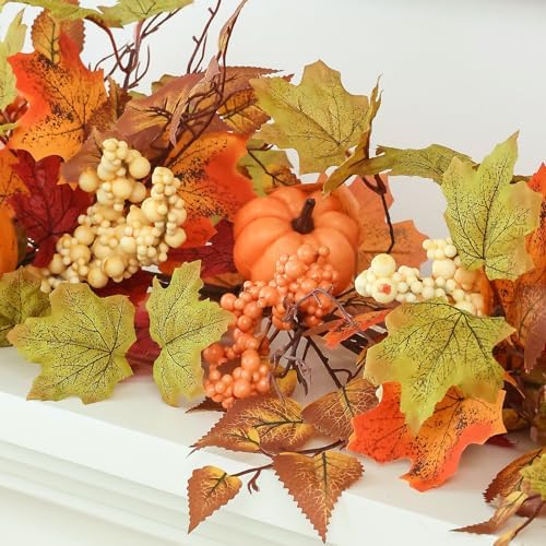 MIZII Fall Decor Artificial Maples Leaf Pumpkin Garland 6FT Autumn Maple Vines Garland Thanksgiving Halloween Harvest Decorations for Home Porch Mantle Fireplace Farmhouse Outdoor Indoor (6FT,Maple) - Image 3