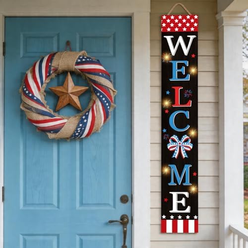 4th of July Welcome Sign with LED Lights, 47" Patriotic Wooden Door Porch Standing Decor Signs, Independence Day 250th Front Door Porch Decor, Memorial Day Home Yard Party Wall Hanging Decoration - Image 5