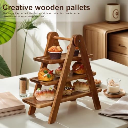 2PCS Wood 3 Tier Serving Tray Three Tiered Cupcake Stand, Rectangle Serving Platter Wooden Farmhouse Tiered Tray, Party Serving Brown Decorative Tray Decor - Image 2