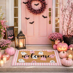 Tinideya 2 Pcs Halloween Ghost Layered Doormat Set, Pink White - Image 3