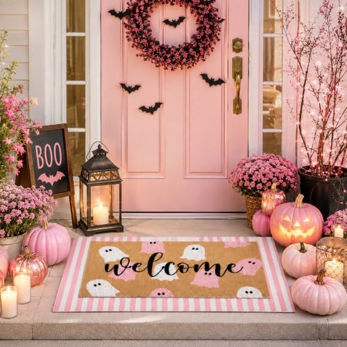 Tinideya 2 Pcs Halloween Ghost Layered Doormat Set, Pink White - Image 3