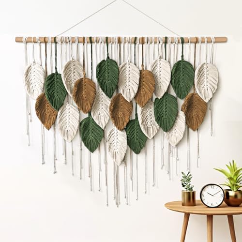 KORSIV Large Macrame Wall Hanging Boho Woven Tapestry, Modern Bohemian Handmade Leaf Feather Wall Art Decorations for Apartment Dorm Living Room Bedroom Nursery Backdrop, Chic Home Decor by KORSIV