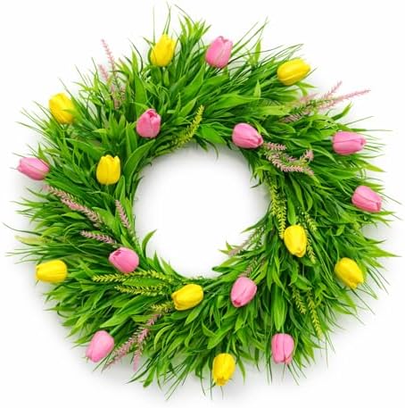 Spring Wreaths for Front Door, 24 Inch Artificial Tulip Wreath with Pink Yellow Lavender and Greenery, All Season Floral Wreath for Home Farmhouse Wall Indoor Outdoor Festival Decor by WEYANZE