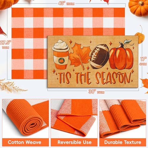 2 Pcs Fall Football Doormat, Layered Pumpkin Welcome Mat with Orange White Buffalo Plaid Mat, Tis The Season Autumn Maple Leaves Front Door Mats, Non Slip Seasonal Porch Decor for Entrance - Image 2
