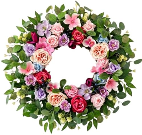 Artificial Spring Wreath for Front Door, Floral Wreath with Eucalyptus & Berries, Easter Wreath & Summer Wreaths for Front Door, Year Round Spring Door Wreath for Home Wall Decor by Unknown
