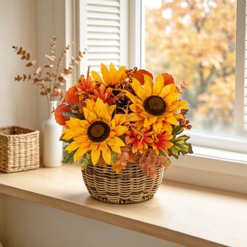 9.8" Artificial Sunflower Fall Arrangement with Woven Basket Centerpiece - Image 2