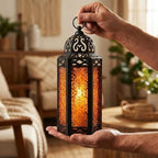 VELA LANTERNS 2pk Moroccan Candle Lantern Decorative Candle Holder Lamp for Table or Hanging, Indoor Home Decor, Outdoor Patio or Porch, Weddings, Black Metal, Medium, Amber Glass - Image 6