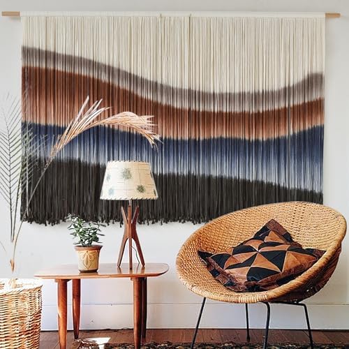 Macrame Wall Hanging Tie-Dye Bule Boho Wall Decor Yarn Fiber Art 57"W*35"L by FLBER